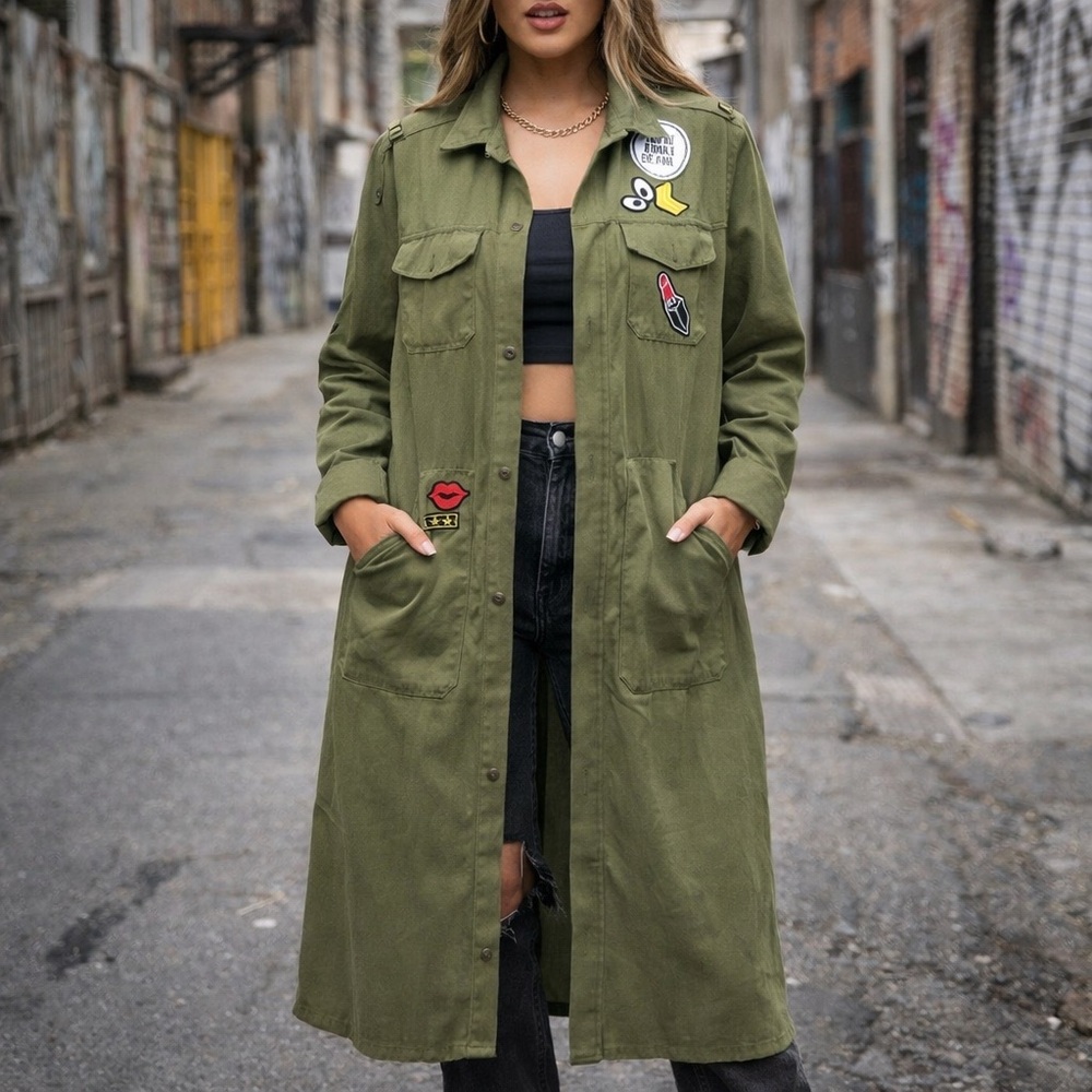 Olive Green Military Style Patch Jacket S Utility Long Shacket Grunge Streetwear